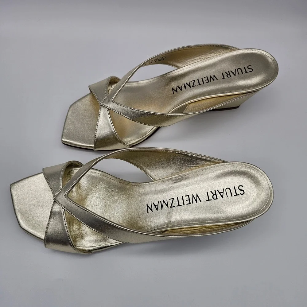 Stuart Weitzman Womens Miami 50 Wedge Slide‎ Metallic Gold Sandal Platino 6B - Picture 3 of 9